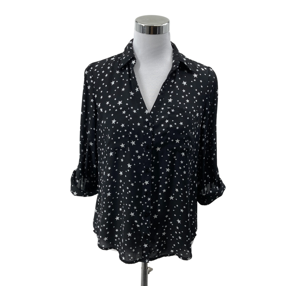 BCX Size S Black White Star Print Blouse Women Career Office Party Casual Top